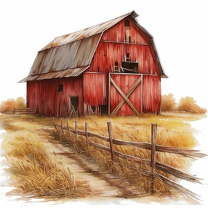 Peut inclure: Illustration à l'aquarelle d'une grange rouge au toit en métal rouillé. Une clôture en bois et un chemin de terre mènent à la grange, entourés d'herbes sèches et d'arbres. Les portes de la grange sont fermées par une traverse en forme de X.