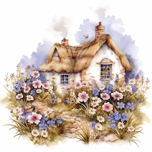10 Spring Cottages Clipart Bundle, Ilustracje Domków Letnich, Wydrukowalne Cliparty Akwarelowe, Wysokiej Jakości JPG, Rękodzieło Papierowe, Dzienniki Śmieciowe