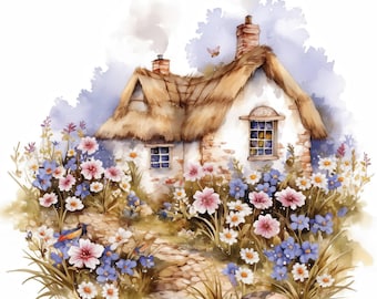 10 Spring Cottages Clipart Bundle, Summer Houses Illustrations, Printable Watercolor Clipart, High Quality JPG, Paper craft, Junk Journals