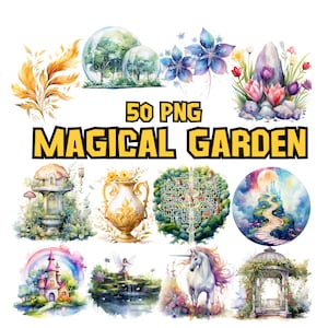 Bundle de cliparts aquarelle jardins magiques, ensemble de cliparts jardin féerique fantastique, images magiques, illustrations florales magiques, usage commercial
