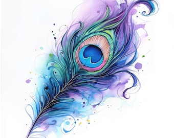 22 Gorgeous Peacock Feather Clipart Set, Feather Graphics, Printable Watercolor Clipart, High Quality JPGs, Digital Download, Commercial Use