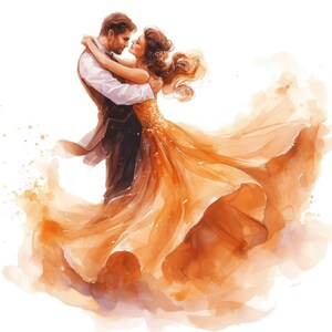 Peut inclure: Illustration à l'aquarelle d'un couple dansant. L'homme porte une chemise blanche, un gilet marron et un pantalon foncé. La femme est vêtue d'une robe orange fluide. L'œuvre a une ambiance douce et romantique avec des tons chauds et un fond blanc.