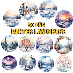 Aquarel winterlandschappen clipartbundel | Winter clipartset, kerstlandschap png-afbeeldingen, bosillustraties, commercieel gebruik