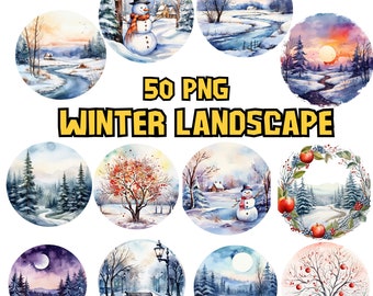 Watercolor Winter Landscapes Clipart Bundle | Winter Clipart Set, Christmas Landscape PNG Graphics, Forest Illustrations, Commercial Use