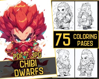 Könnte beinhalten: Ein Malbuch mit 75 Seiten voller Illustrationen von niedlichen Zwergen im Chibi-Stil. Das Cover zeigt einen rothaarigen Zwerg mit Bart und einem grimmigen Ausdruck. Das Buch trägt den Titel "PDF/JPG CHIBI DWARFS".