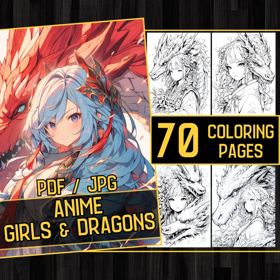 Anime Girls and Dragons Adult Coloring Book 70 Dragon Coloring Pages,grayscale Fantasy Anime ...