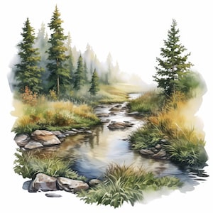 13 Forest Stream clipartbundel, Forest River afbeelding illustraties, afdrukbare aquarel clipart, hoge kwaliteit JPG, Paper Craft, Junk Journal
