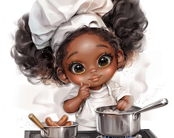 10 Black Girl Clipart Set, Printable Watercolor Cooking Chibi Girl Clipart, High Quality JPG, Digital Download, Commercial Use, Junk Journal
