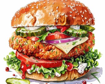 Savoureux hamburger au poulet Clip Art 19 haute résolution aquarelle JPG indésirable journalisation, scrapbooking, fabrication de cartes, téléchargement numérique, créations en papier, restauration rapide