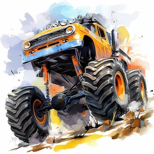 14 Monstertruck Set 2 Clipart Bundle, druckbare Aquarell Offroad Autos Bilder Illustrationen, hochwertige JPG, Junk Journals, Papierhandwerk