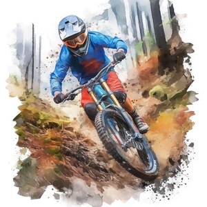 May include: Watercolor illustration of a mountain biker in action. The biker, wearing a blue long-sleeve shirt, red shorts, and a helmet with orange goggles, rides a mountain bike down a dirt trail. The bike has gold suspension forks and black tires.
