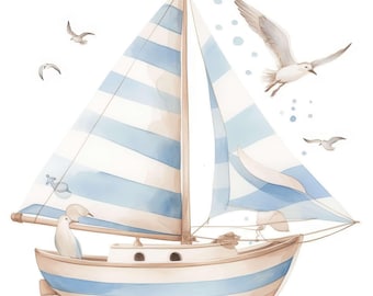 10 Cartoon Ship Clipart Set, Nursery Sailboat Illustration, Printable Watercolor Clipart, High Quality JPG, Digital Download, Commercial Use