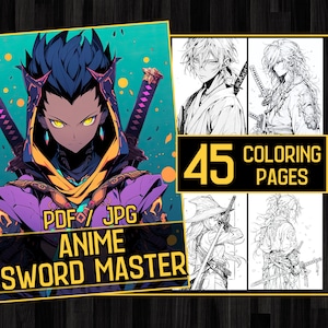 Anime Sword Master Adult Coloring Book 45 Samurai Coloring Pages,Grayscale Fantasy Anime Manga Coloring,Instant Download,Printable PDF & JPG