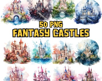 Watercolor Fantasy Castles Clipart Bundle, Fortress Clipart Set, Stronghold PNG Images, Towering Turrets Illustrations, Commercial Use