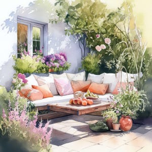 Puede incluir: Pintura a la acuarela de una escena de patio al aire libre. Un banco de madera con cojines blancos y almohadas naranjas y rosas está rodeado de exuberante vegetación y flores. Una mesa de madera contiene fruta y un plato.