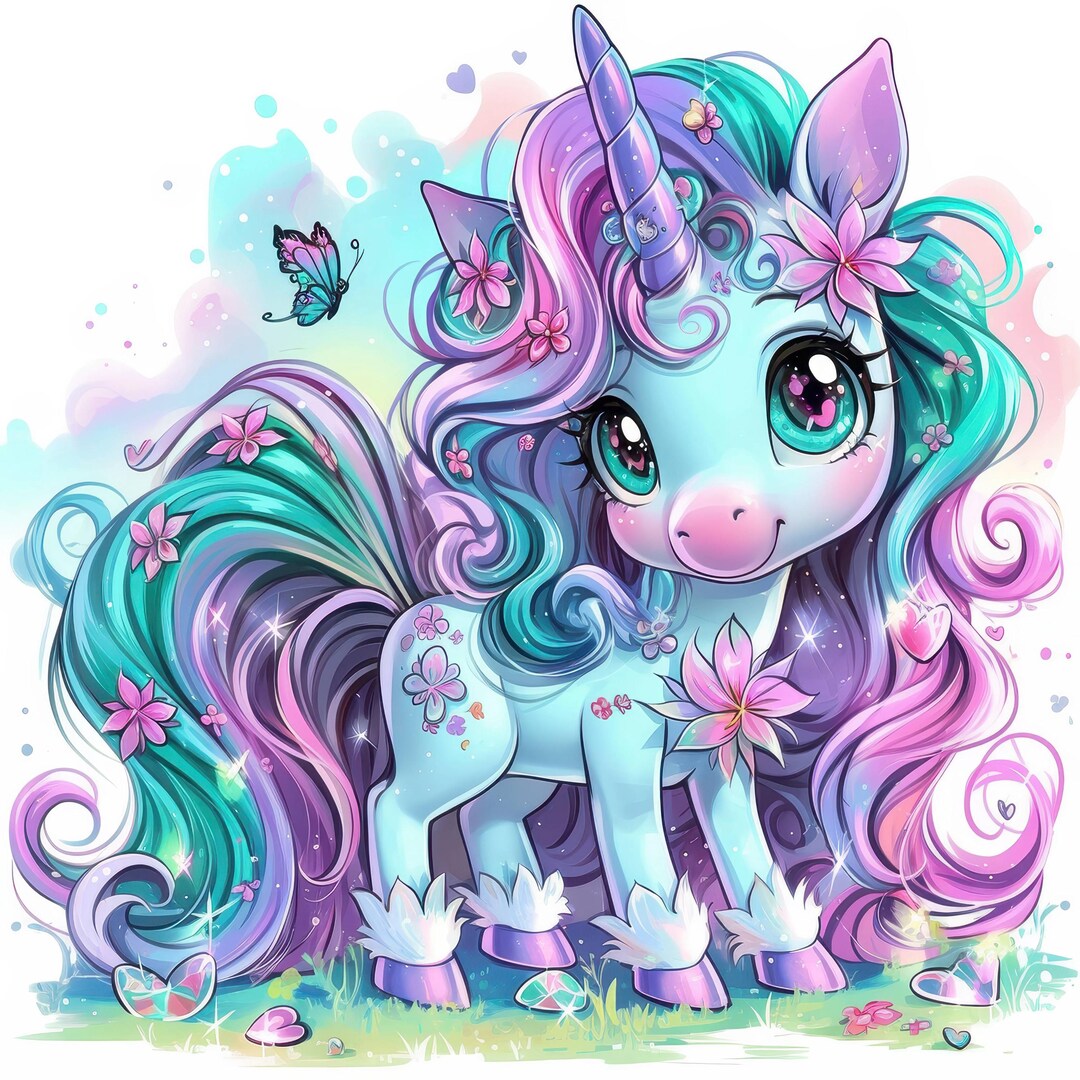 14枚のベビーユニコーンクリップアートセット、印刷可能な水彩画の