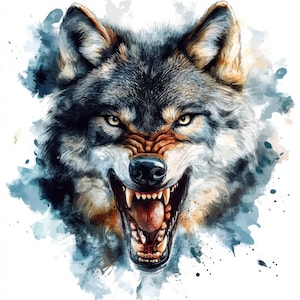 14 Angry Wolf Portrait Clipart Bundle, druckbare Aquarell Tier Illustration, hochwertige JPG, Papiermodelle, Junk Journals, Kartenherstellung