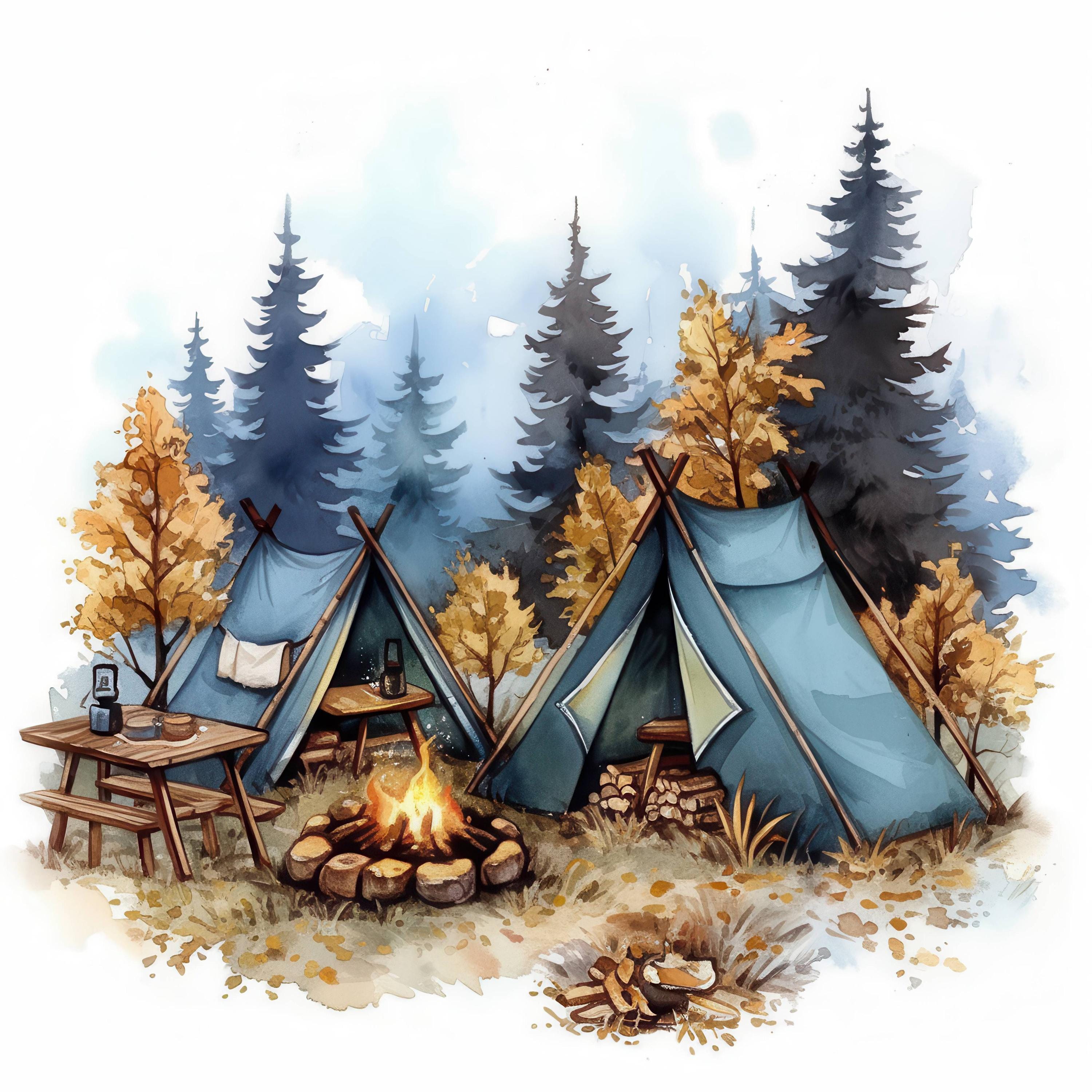10 Cozy Camping Clipart Bundle, Card Making Illustrations, Printable Watercolor Clipart, High Quality JPGs, Digital download, Junk Journals