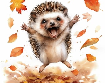 13 Autumn Hedgehog Designs Clipart Bundle, Printable Watercolor Fall Hedgehog Images Illustrations, High Quality JPGs, Junk Journals, Crafts