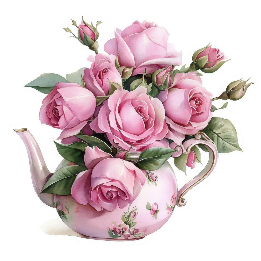 13 Pink Roses in Pot Clipart, Roses Bouquet Illustration, Printable ...