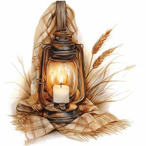 May include: Watercolor illustration of a vintage oil lantern with a lit candle inside. The lantern is surrounded by wheat stalks and a plaid blanket in shades of brown and beige. The lantern has a handle and a glass enclosure.
