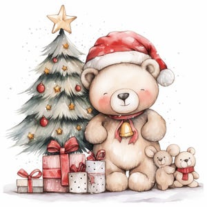 Bundle de 14 cliparts de Noël ours en peluche, images d&#39;impressions d&#39;ours mignon, clipart aquarelle imprimable, JPG de haute qualité, créations en papier, journaux indésirables