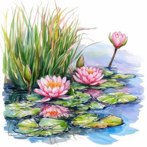 12 Elegant Waterlilies Clipart Bundle, Waterlily Flower Illustrations, Printable Watercolor Clipart, High Quality JPG, Paper craft, Journals