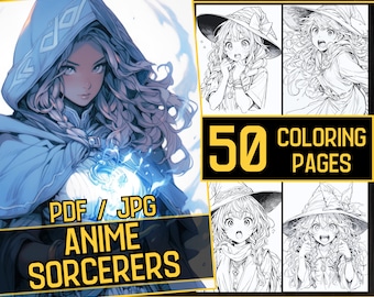 May include: A digital coloring book featuring 50 pages of anime sorcerers. The cover features a female sorcerer with long, flowing hair and a blue cloak. The text "PDF / JPG ANIME SORCERERS" is displayed on the cover.