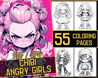 Könnte beinhalten: Ein digitales Malbuch mit 55 Seiten wütender Chibi-Mädchen. Das Cover zeigt ein Mädchen mit pinken Haaren und einem wütenden Ausdruck. Das Buch ist im PDF- und JPG-Format erhältlich.