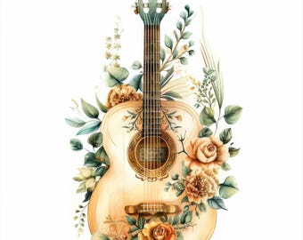 May include: A watercolor painting of an acoustic guitar with floral details. The guitar is decorated with intricate designs and surrounded by delicate flowers in shades of yellow and orange.
