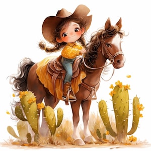 11 Cute Cowgirl on Horse Clipart Bundle, Cartoon Western Illustrations, Printable Watercolor Graphics, High Quality JPG, Junk Journals, Card
