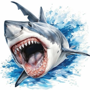 13 White Angry Shark Clipart Bundle, Ocean Shark Illustration, Printable Watercolor clipart, High Quality JPG, Paper craft, Junk Journals