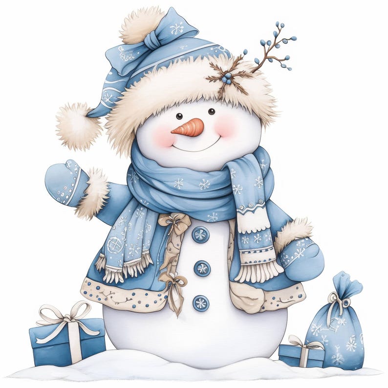 11 Adorable Blue Snowman Clipart Bundle, Cute Winter Illustration ...