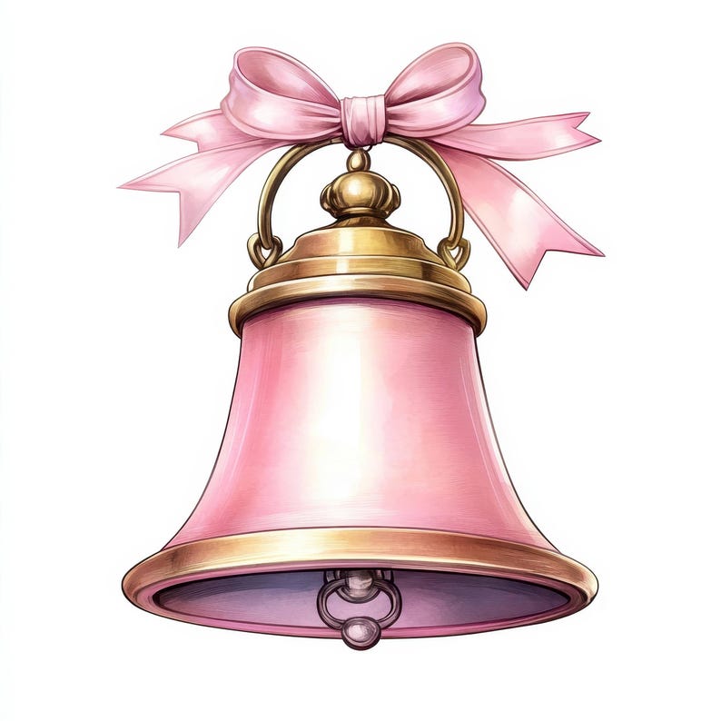 Bell Pink Ribbon 12 Powder Pink Bells Clipart Bundle, Printable Watercolor Vintage Bell ...