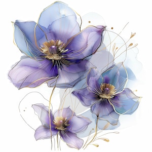 Paquete de imágenes prediseñadas de flores abstractas, flores moradas, imágenes prediseñadas de acuarela imprimibles, archivos JPG de alta calidad, descarga digital, manualidades de papel, diario basura
