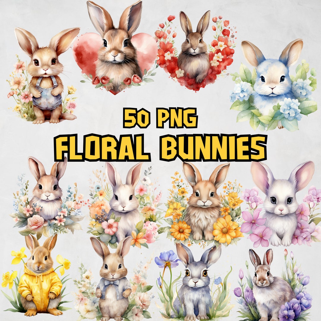 Watercolor Floral Bunnies Clipart Bundle, Spring Rabbit Images, Cute ...