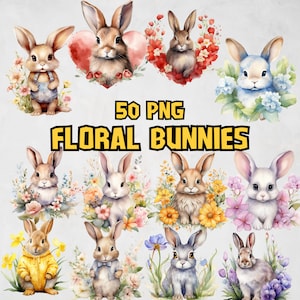 Watercolor Floral Bunnies Clipart Bundle, Spring Rabbit Images, Cute Animal PNG Graphics, Spring Flower, Floral Illustration, Commercial Use