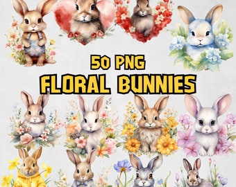 Watercolor Floral Bunnies Clipart Bundle, Spring Rabbit Images, Cute Animal PNG Graphics, Spring Flower, Floral Illustration, Commercial Use