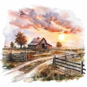 10 Farmyard in Sunrise Clipart Bundle, clipart acquerello stampabile, JPG di alta qualità, download digitale, alta risoluzione, artigianato di carta