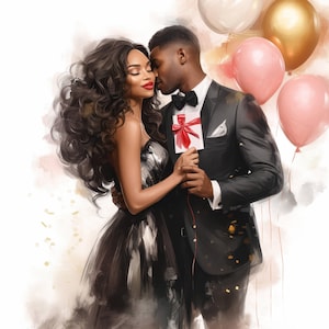 Clip Art de pareja romántica negra con globos, 12 archivos JPG de acuarela de alta resolución, diario basura, álbumes de recortes, creación de tarjetas, descarga digital