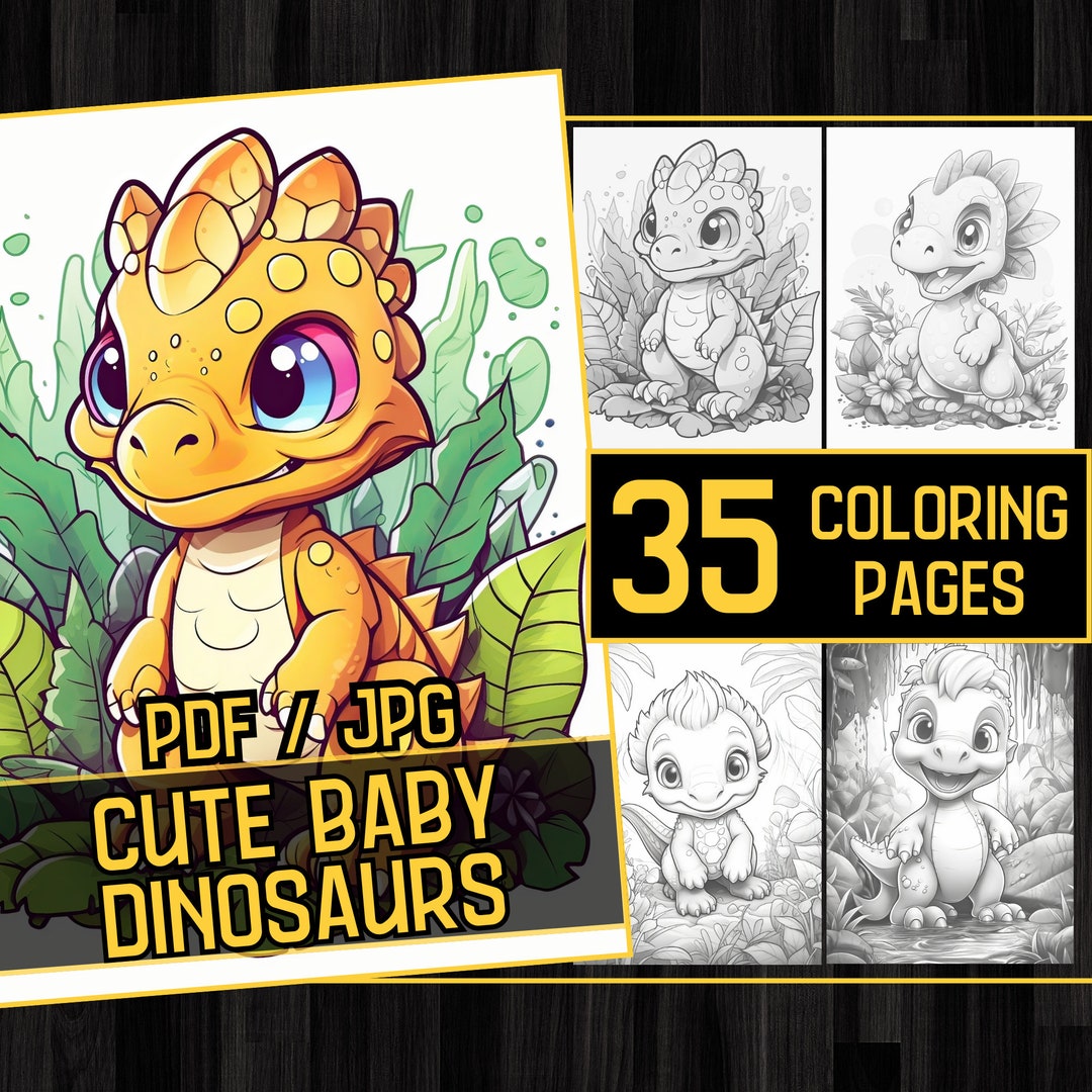 Cute Baby Dinosaurs 35 Coloring Page Book, Adults Kids Instant Download ...