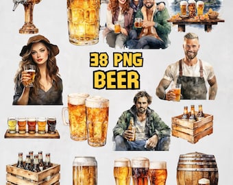 Paquete de imágenes prediseñadas de cerveza en acuarela: 38 imágenes PNG imprimibles de cervezas, gráficos de cerveza lager y ale, PNG, descarga digital instantánea, uso comercial