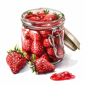 15 Strawberry Jam Jar Clipart Illustration Bundle, Printable Watercolor Clipart, High Quality JPGs, Paper craft, Junk journals, Card Making