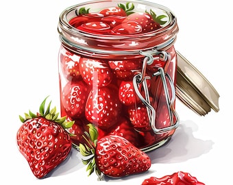 Zestaw 15 ilustracji ze słoikami dżemu truskawkowego, cliparty akwarelowe do druku, wysokiej jakości pliki JPG, prace papierowe, dzienniki śmieciowe, tworzenie kartek