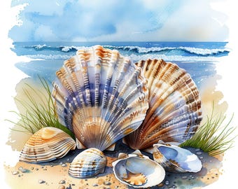 11 Watercolor Seashells and Beach Clipart, Summer Clipart, Nautical clip art, High Quality JPGs, summer beach clipart, Instant Download