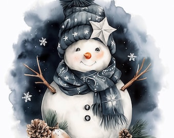 14 Various Snowman Clipart Bundle, Cute Winter Illustrations, Printable Watercolor Clipart, High Quality JPG, Paper craft, Junk Journals