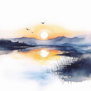 Könnte beinhalten: Aquarellmalerei eines Sonnenuntergangs über einem See. Die Sonne ist ein hellweißer Kreis mit orange- und gelbfarbenen Farbtönen am Himmel. Im Hintergrund sind Berge und Bäume als Silhouette zu sehen. Drei Vögel fliegen über dem See.