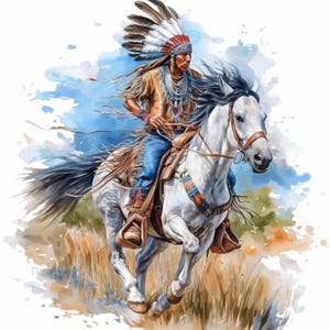Pacchetto di 11 clipart di nativi americani a cavallo, illustrazioni indiane, clipart di acquerelli stampabili, JPG di alta qualità, creazioni di carta, diari di scarto