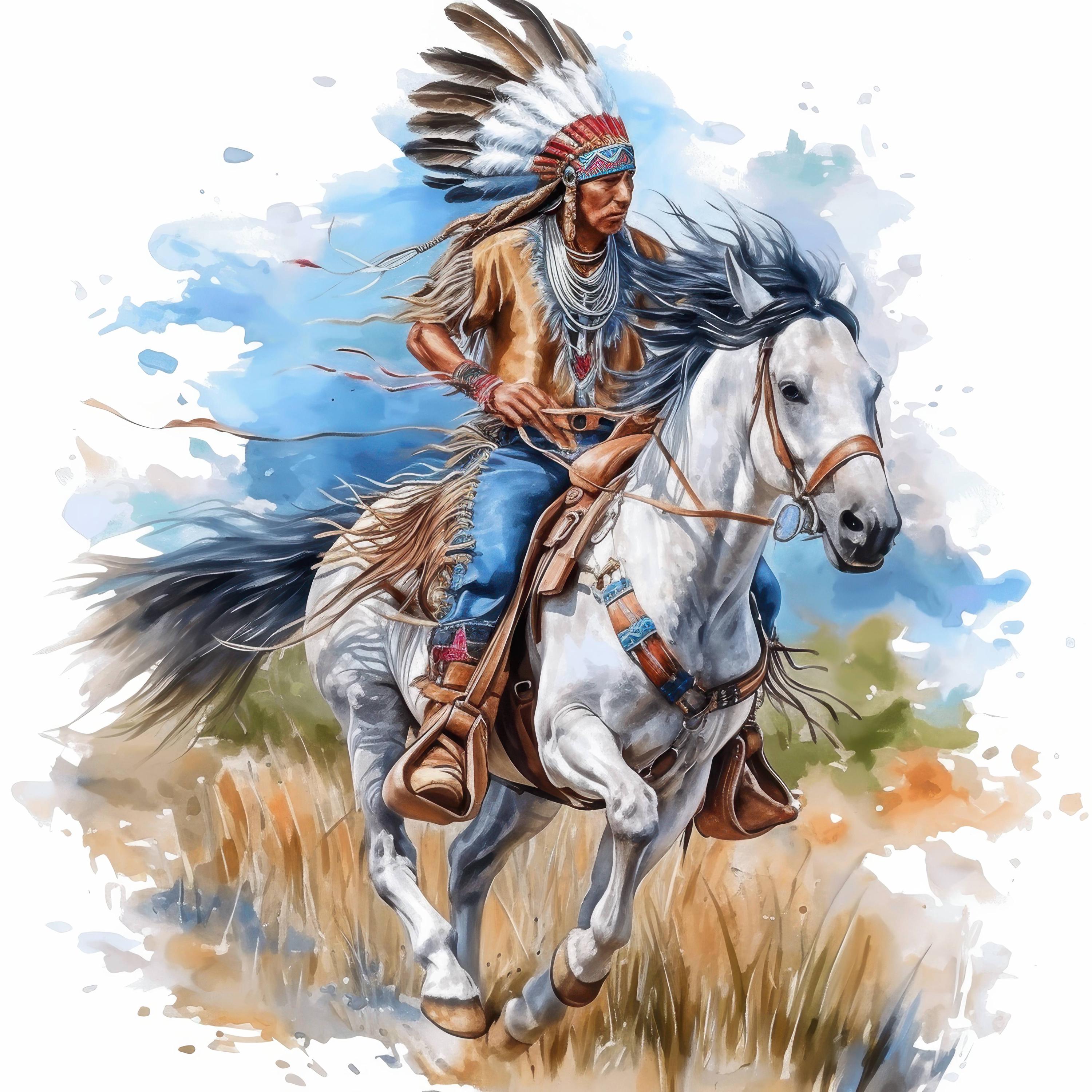 11 Native American On Horse Clipart Bundle, Indian Illustrations, Printable Watercolor Clipart, High Quality JPG, Paper craft, Junk Journals