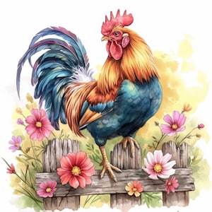 May include: Watercolor illustration of a rooster perched on a wooden fence, surrounded by pink and red flowers. The rooster has vibrant orange, blue, and red plumage. The artwork has a soft, painterly style, with a yellow and white background.